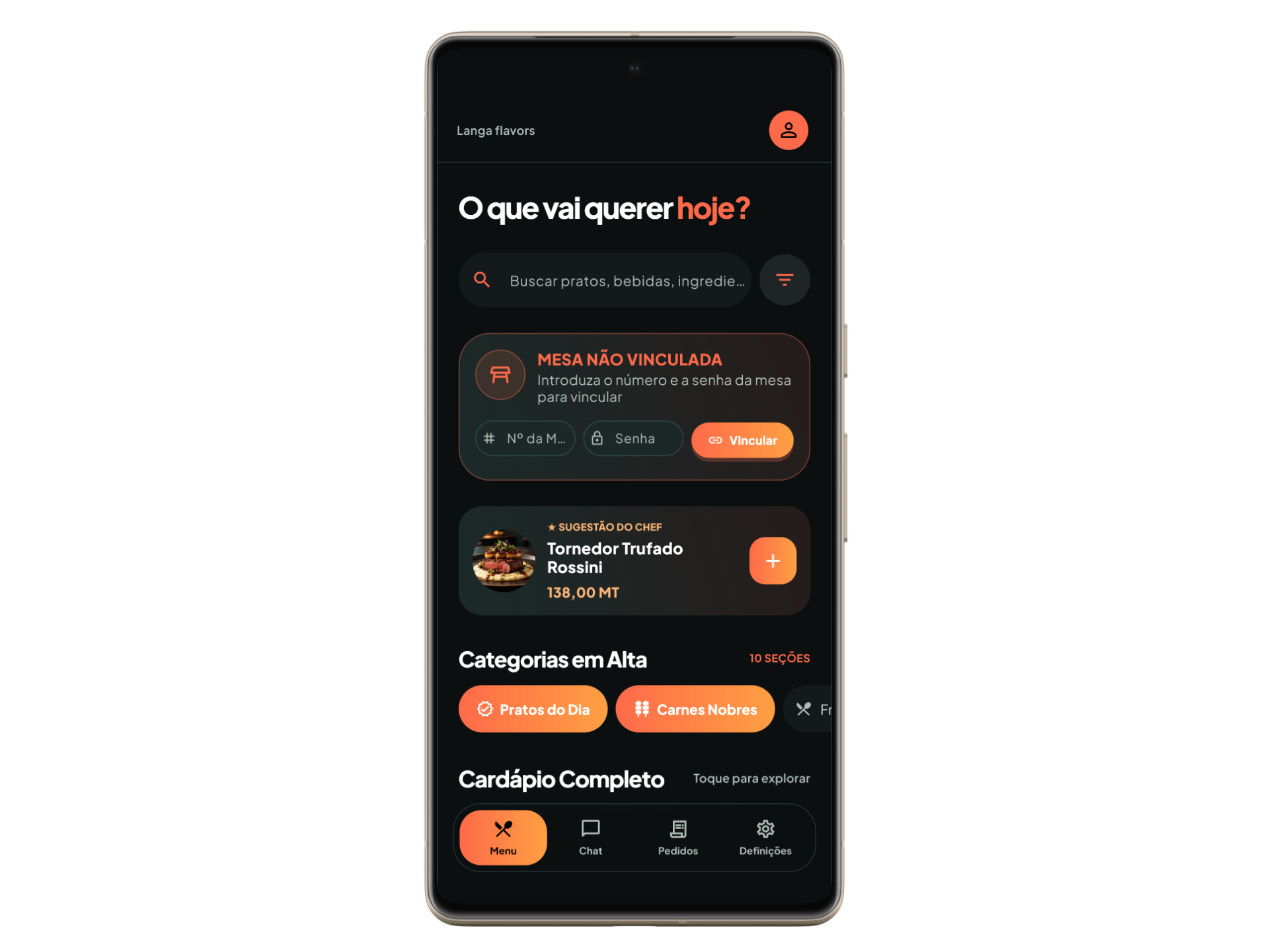 Cardápio+ num Pixel em tema escuro, dados de demonstração