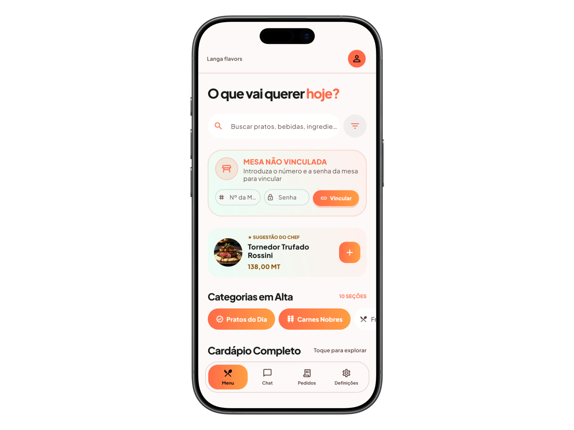 iPhone 17 com o cardápio do Cardápio+ — tema claro, dados de demonstração