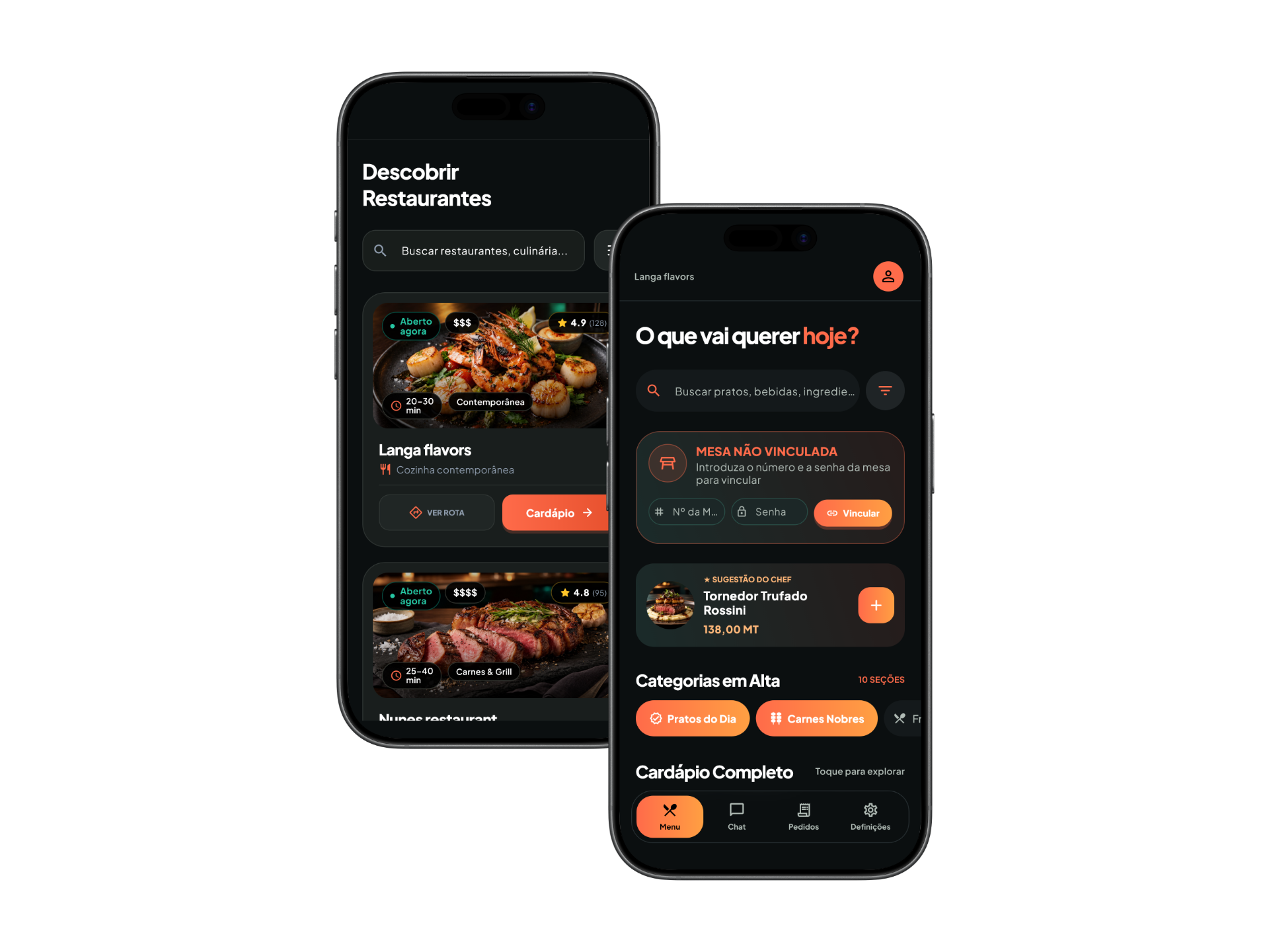 Dois iPhone 17 com a descoberta de restaurantes e o cardápio — tema escuro, dados de demonstração