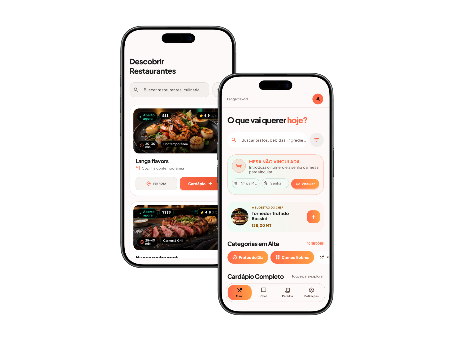 Dois iPhone 17 com a descoberta de restaurantes e o cardápio — tema claro, dados de demonstração